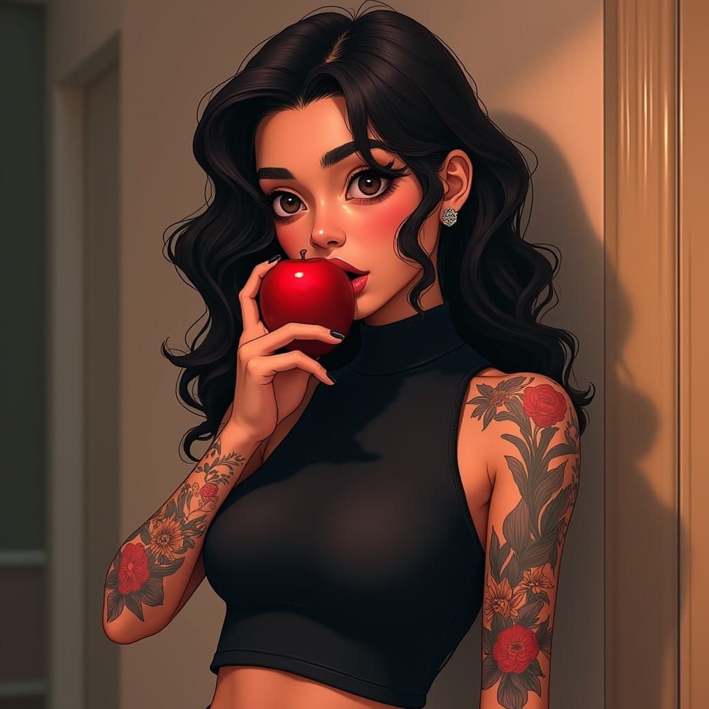 Hyperrealistic Anime Woman Bites into a Juicy Red Apple