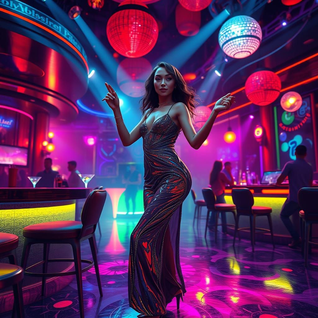 Sultry Disco Queen Shines in Vibrant Neon Landscape