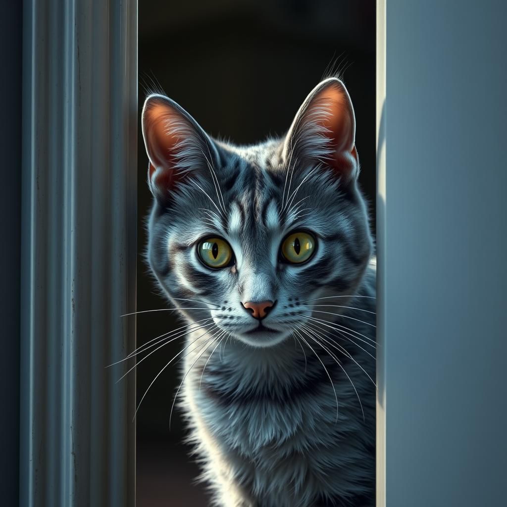 Cautious Blue Cat Peeks from Behind Door