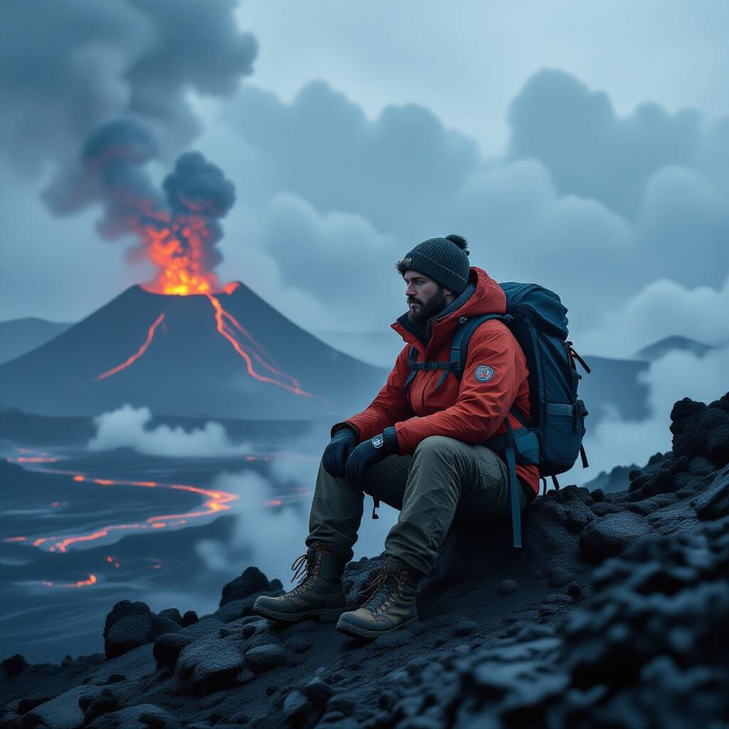 Volcano Summit: Dystopian Landscape with Lava Flows
