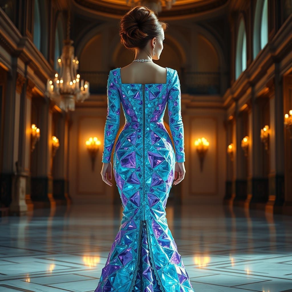 Woman in Turquoise Crystal Gown in Grand Ballroom