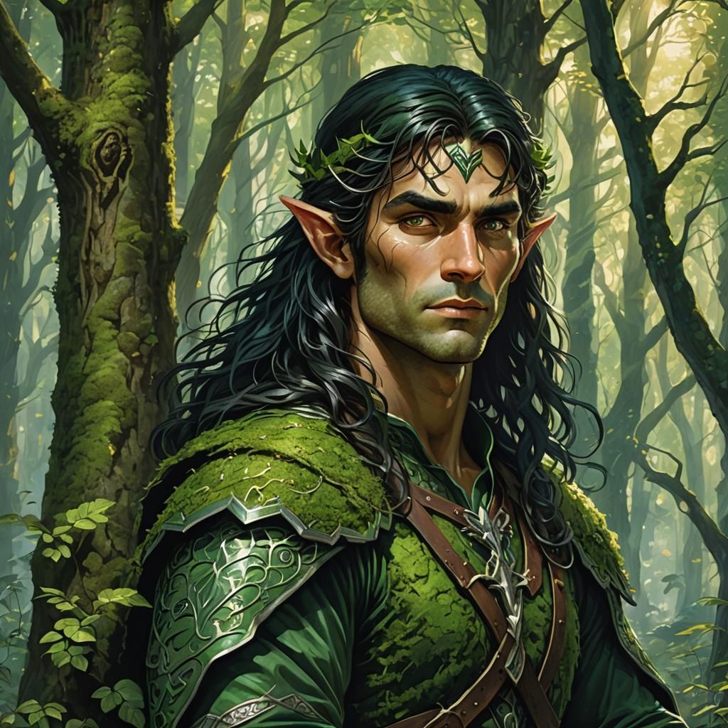 Half-Elf Archer in Emerald Forest, Fantasy Art