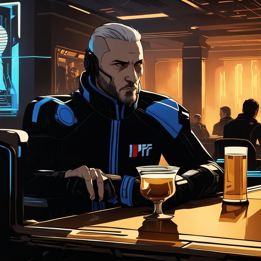 Admiral Enjoying Drinks in Cyberpunk Bar