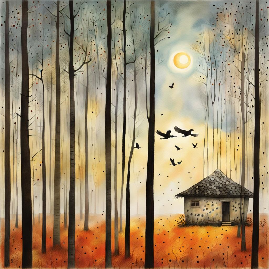 Dreamlike Birdhouse Watercolor With Sunrise Background