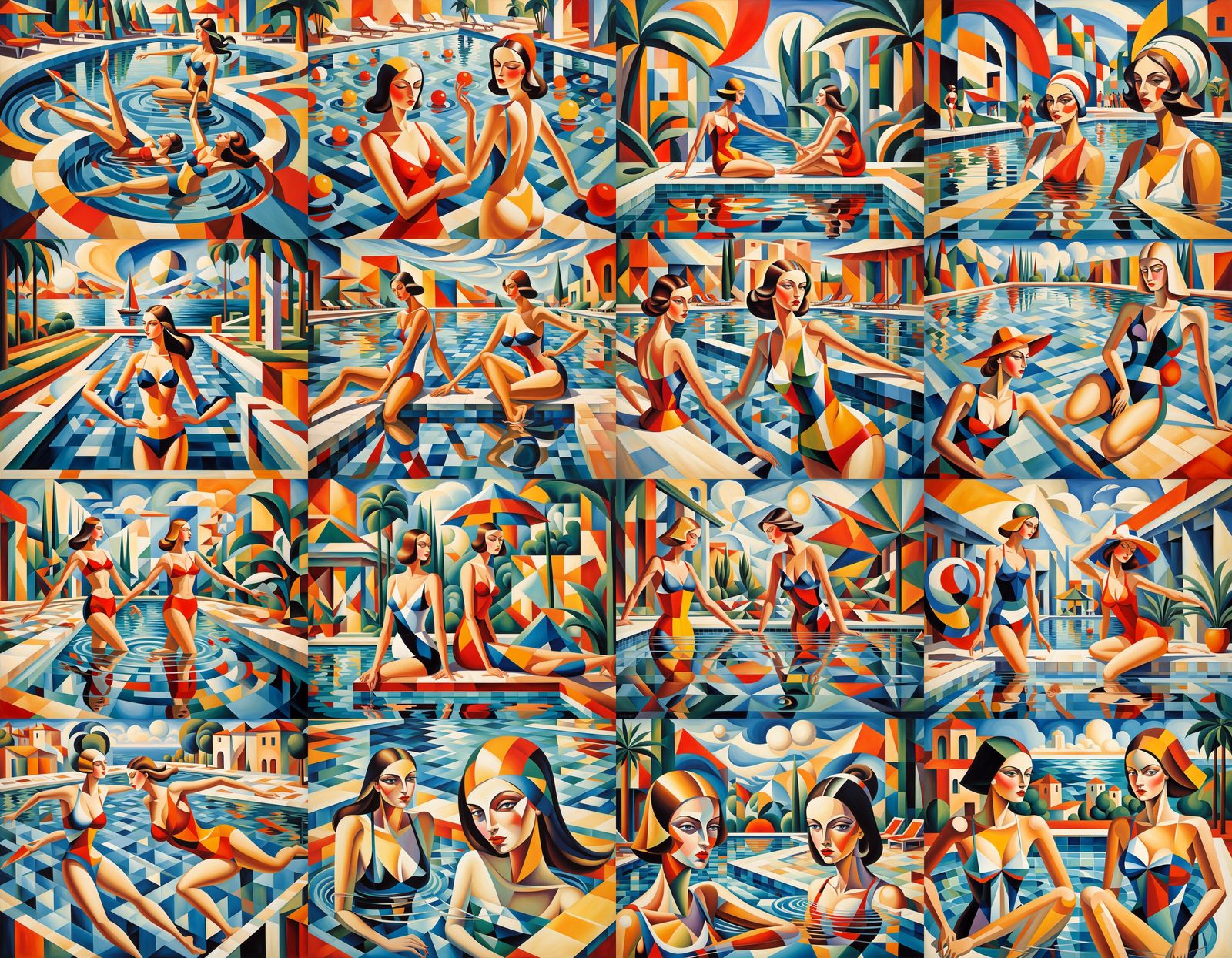 American Woman vs Russian Woman: Abstract Cubism Pool Scene