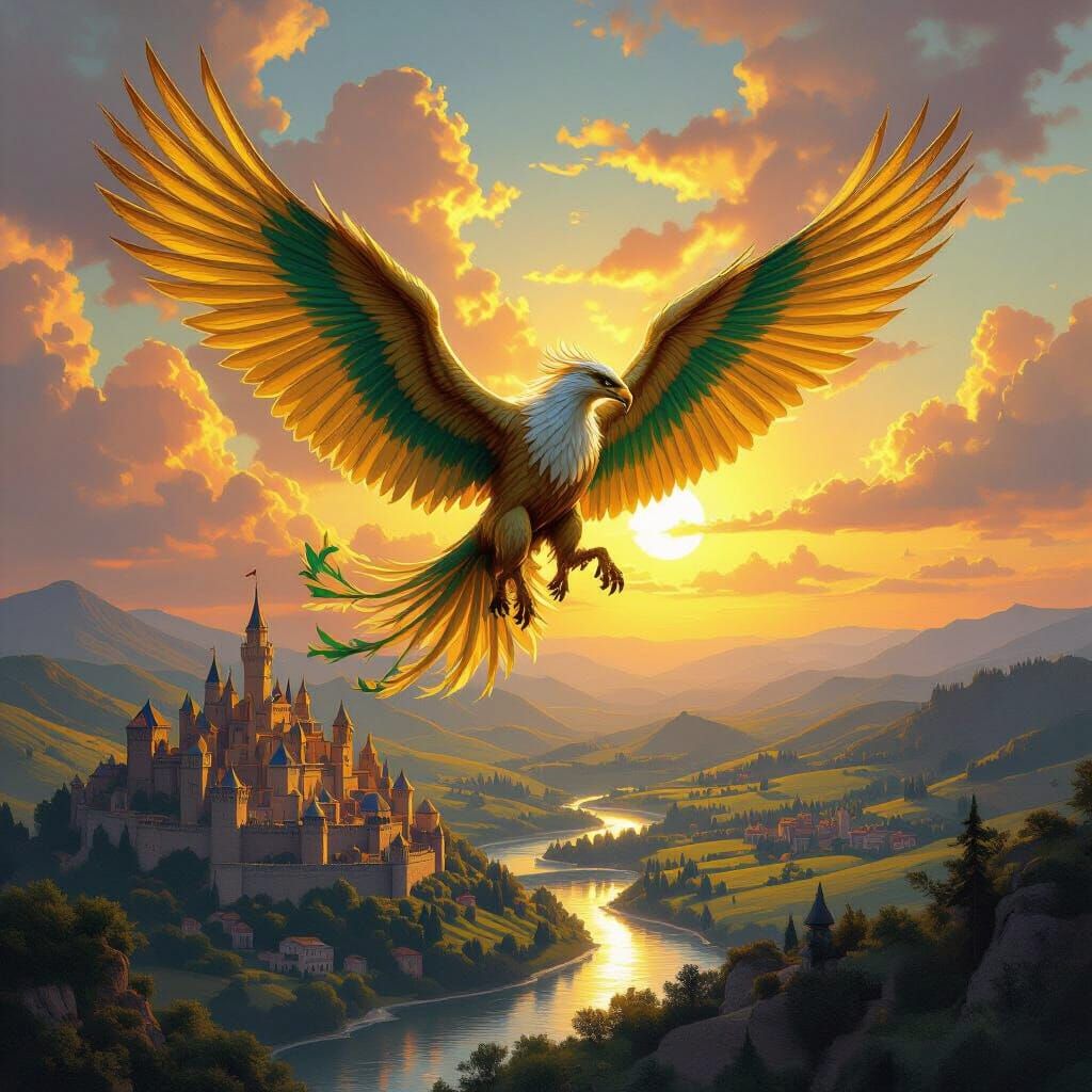 Majestic Griffin Soars Over Medieval Kingdom in Classic Fant...