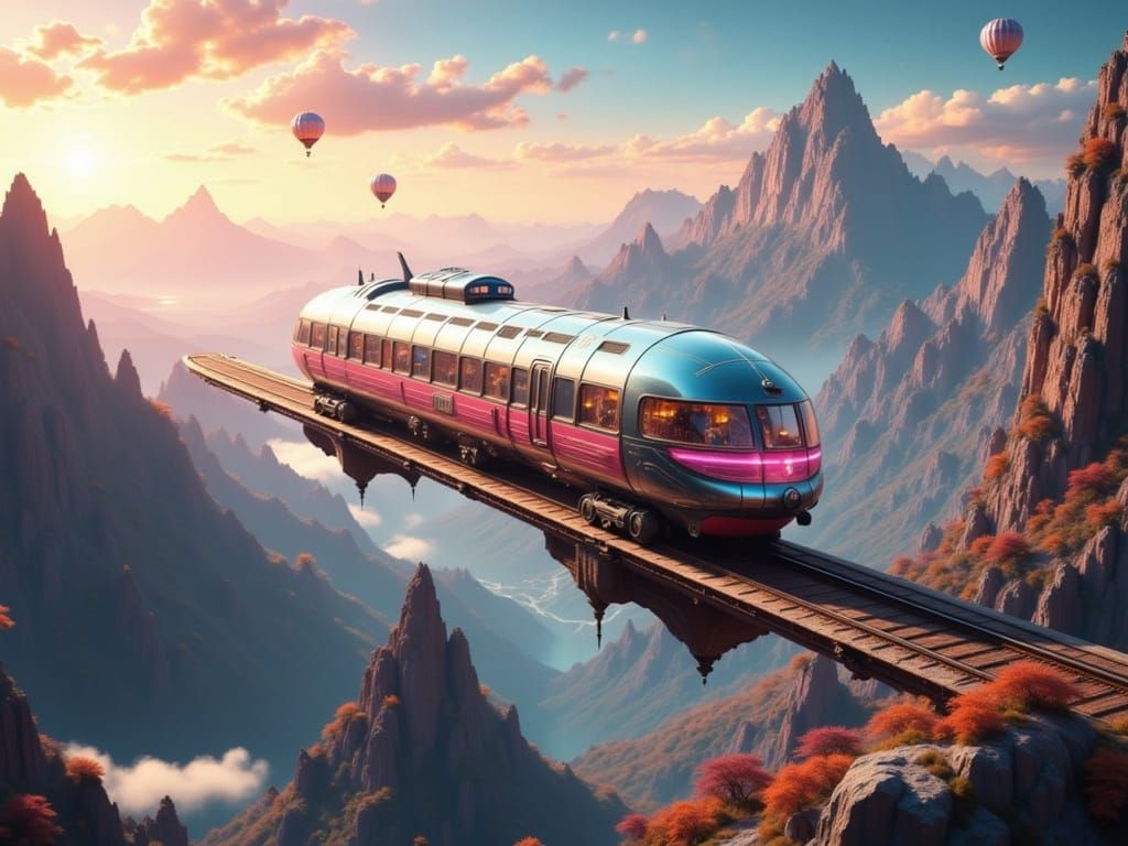 <lora:Flux Night Sparkle:1.0> <lora:Kunai:1.0> 1950s style image of a flying train over a clean futuristic glass city, h...