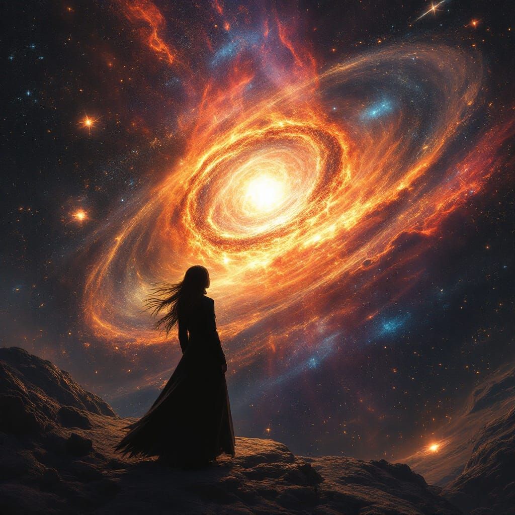Enigmatic Woman Watches Supernova in Digital Art