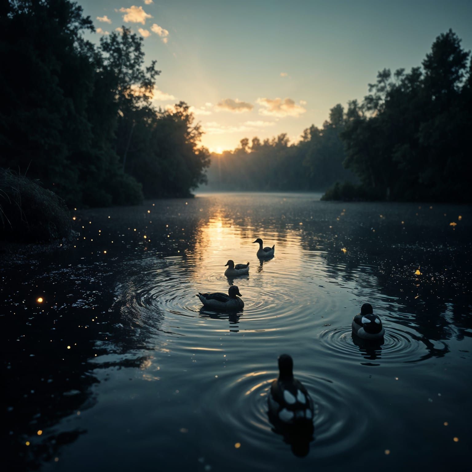 Serene Dusk Pond with Ducks and Rubber Duck