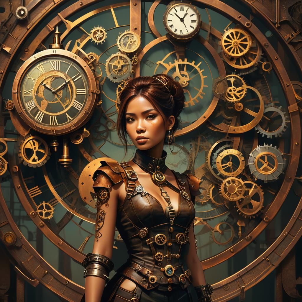 Steampunk Woman with Clockwork: A Surreal Fantasy Illustrati...