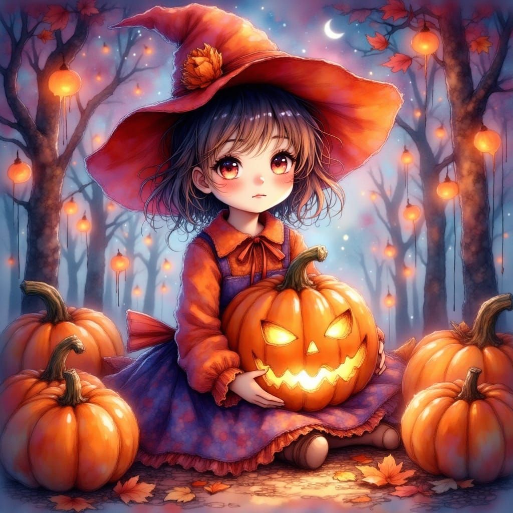 Cute Anime Girl in Halloween Costume with Jack-o'-lantern