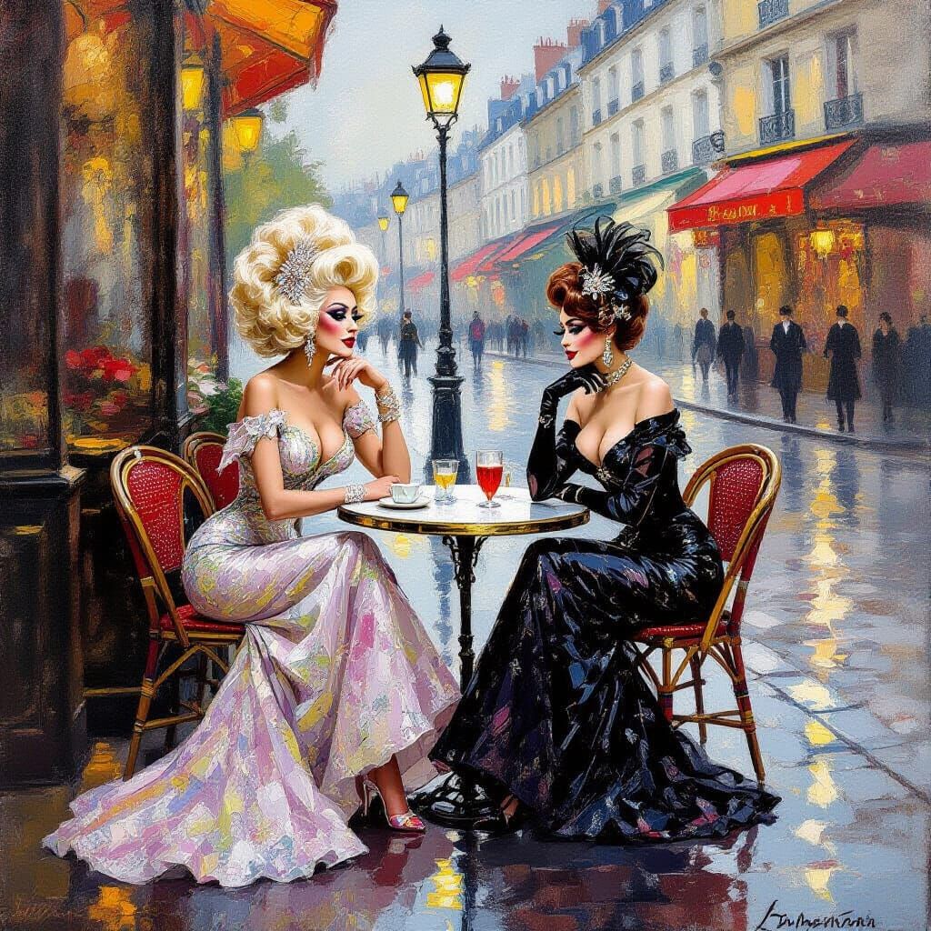 Glamorous Drag Queens at Parisian Cafe - Oil Painting