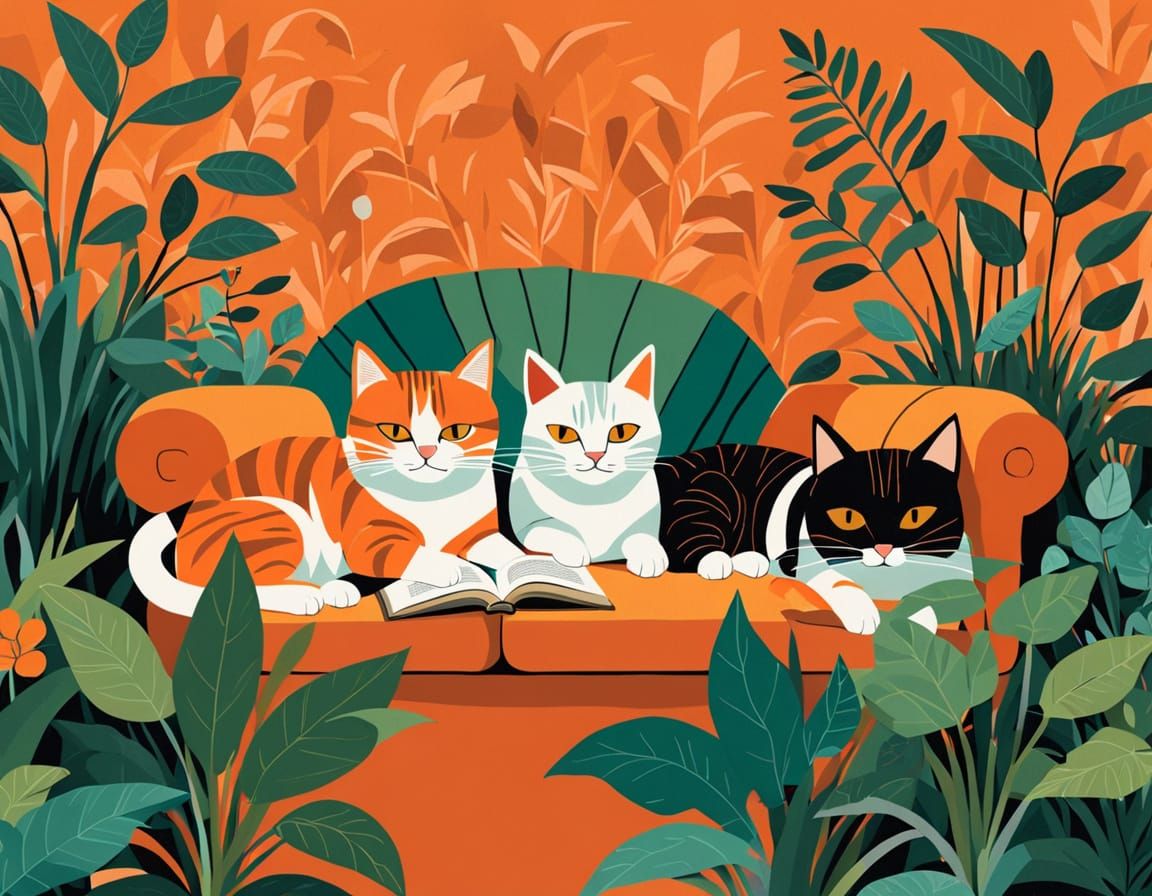 Cats Reading in Cozy Alegria-Style Garden