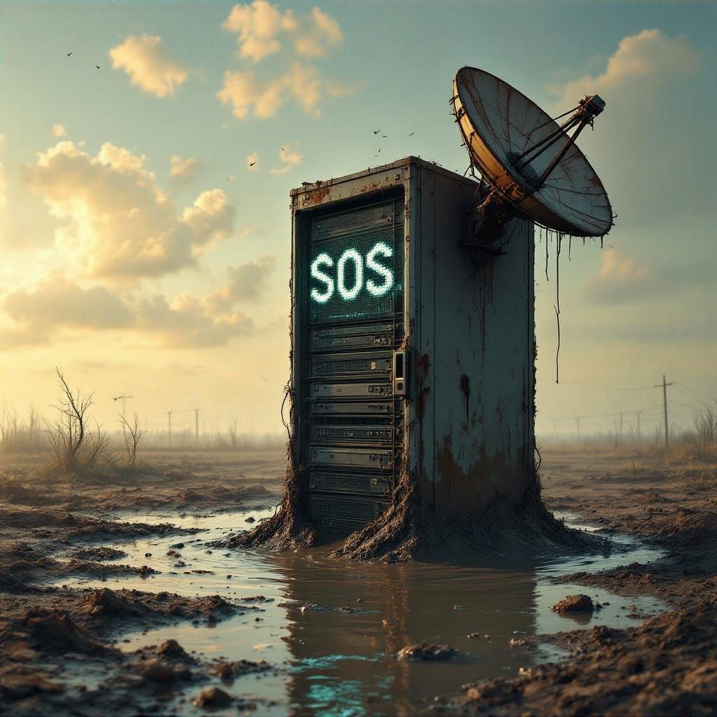 Post-Digital Wasteland with Sinking Server Tower