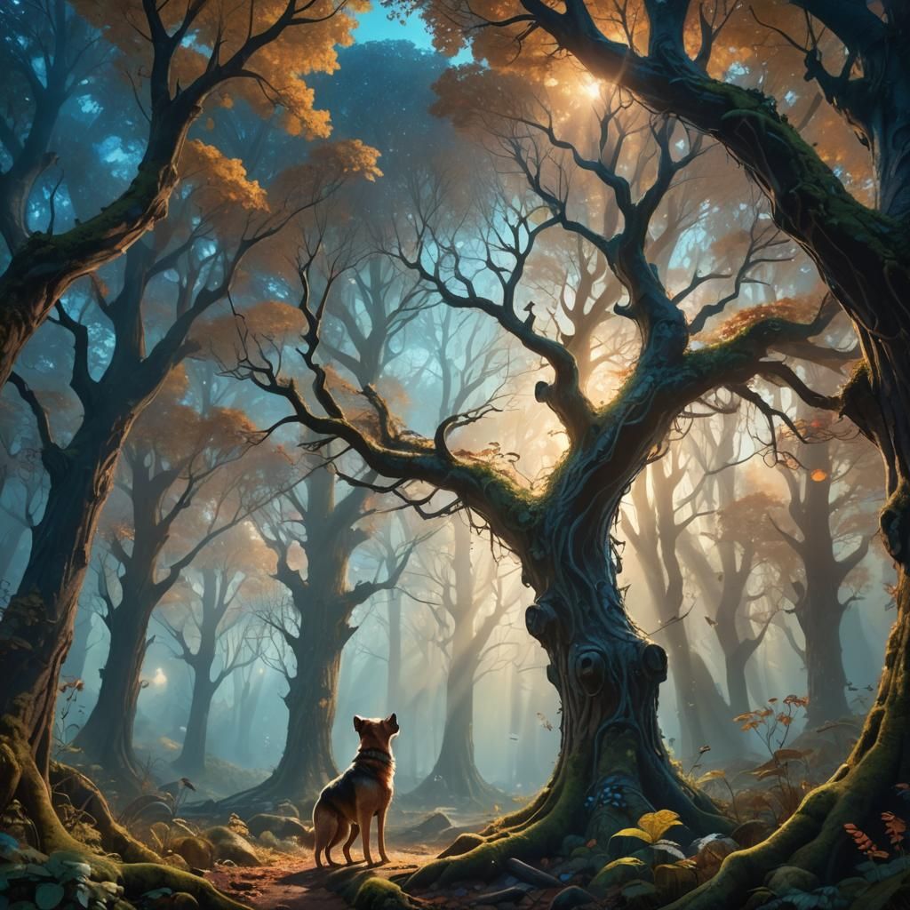 Dog in Mystical Forest: Art Nouveau Concept Art