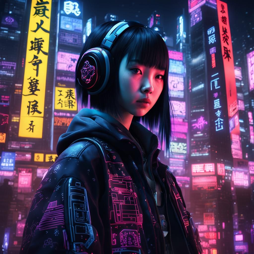 Goth Teen Hacker in Neo-Tokyo: Hyperrealistic Digital Art