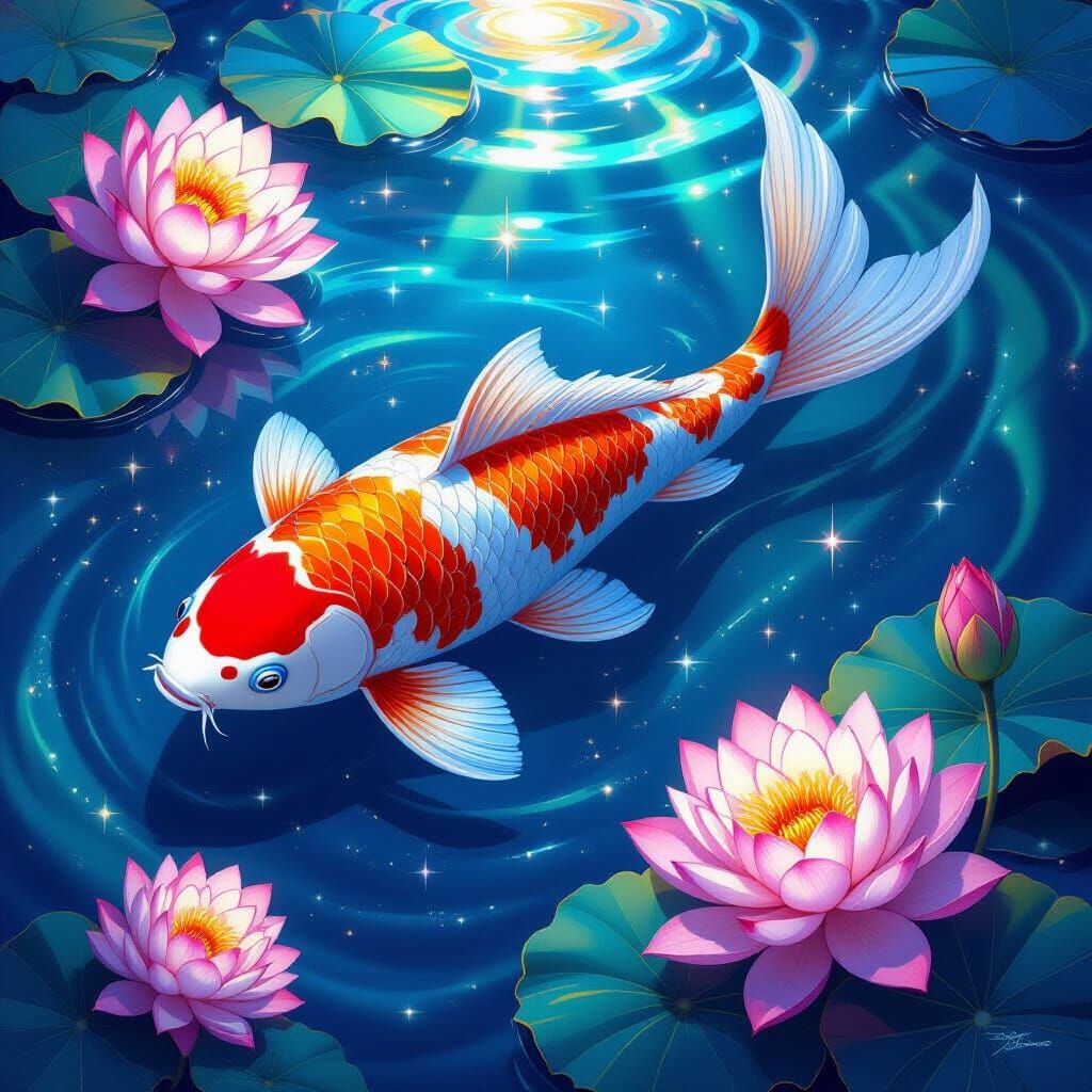 Celestial Koi Fish in Bioluminescent Lotus Pond