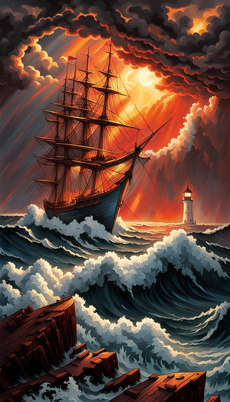 Stormy Seascape with Lighthouse and Dramatic Lightning