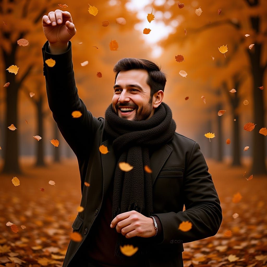 Man Celebrates Autumnal Fall Amidst Falling Leaves