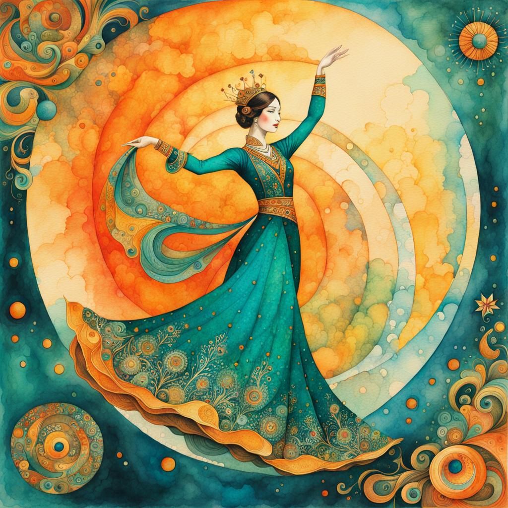 Dancing Princess in Batik Watercolor Style