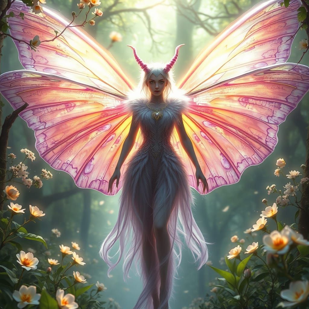 Elara: Ethereal Moth Hybrid in Luminous Forest