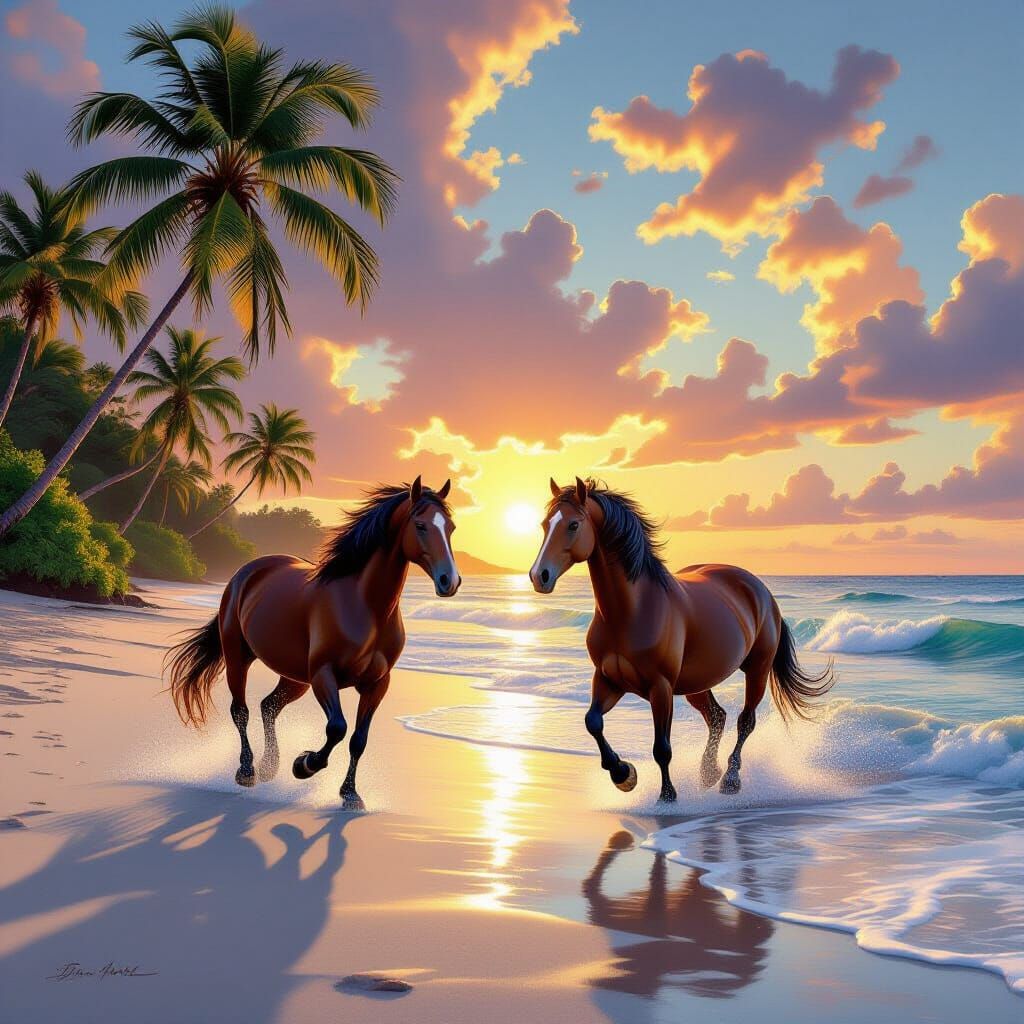 Horses Galloping on Tropical Beach at Sunrise