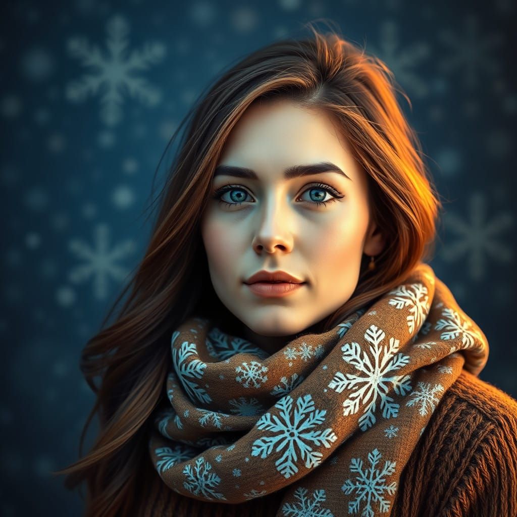 Hyperrealistic Christmas Portrait in Dark Blue with Snowflak...