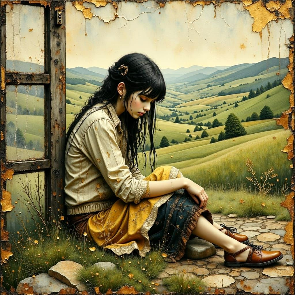 Girl with Horse in Rustic Impasto Style