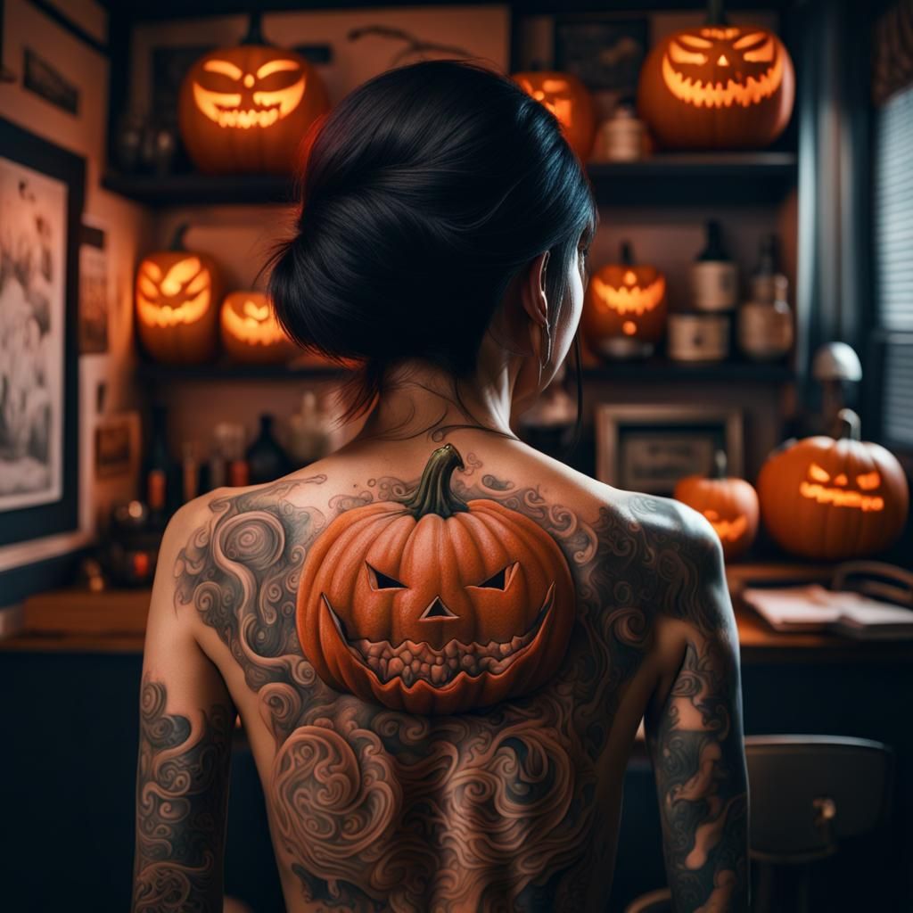 Creepy Pumpkin Tattoo on Japanese Woman