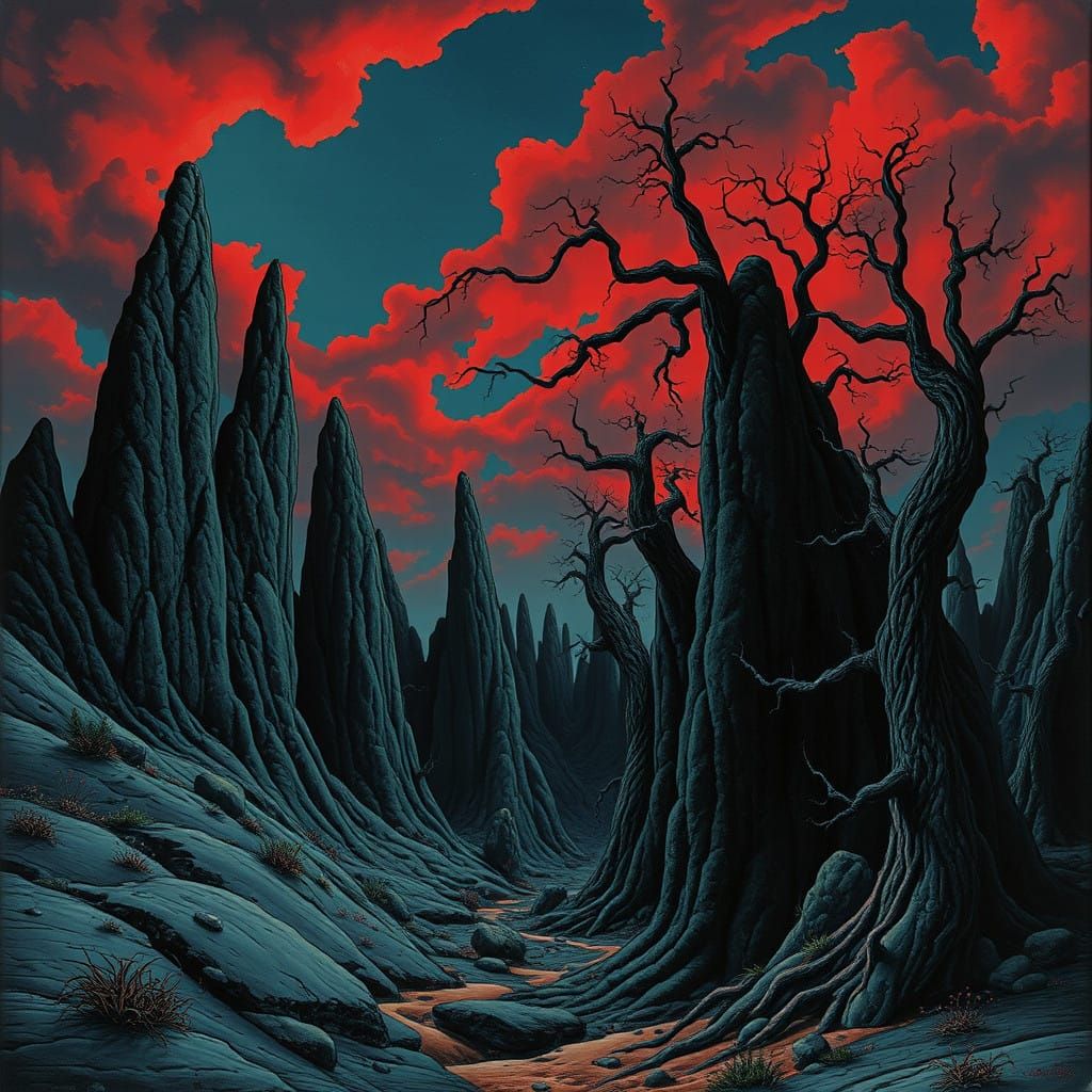 Surreal, Dreamlike Landscape in a Dark, Symbolic Aesthetic