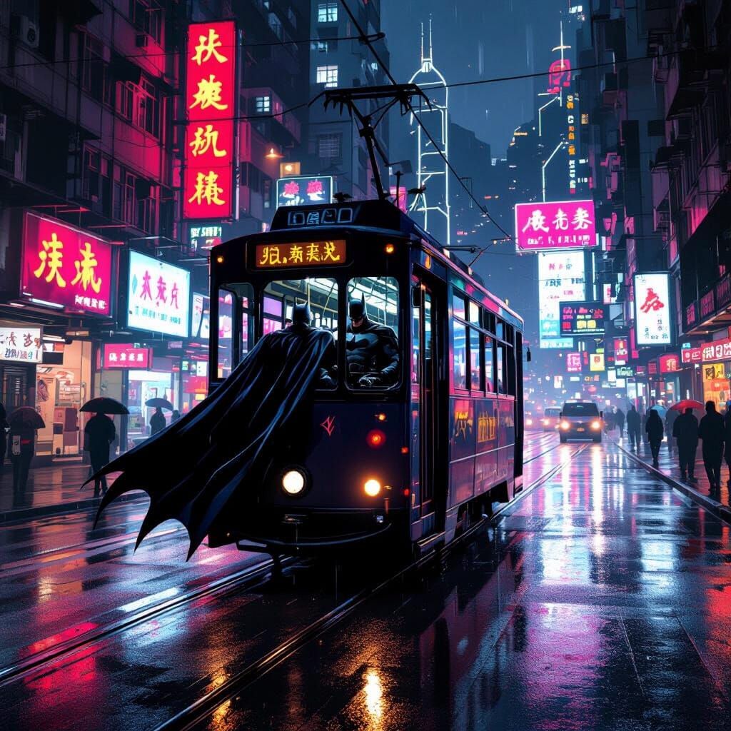 Batman Rides Hong Kong Tram at Night, Neon Reflections