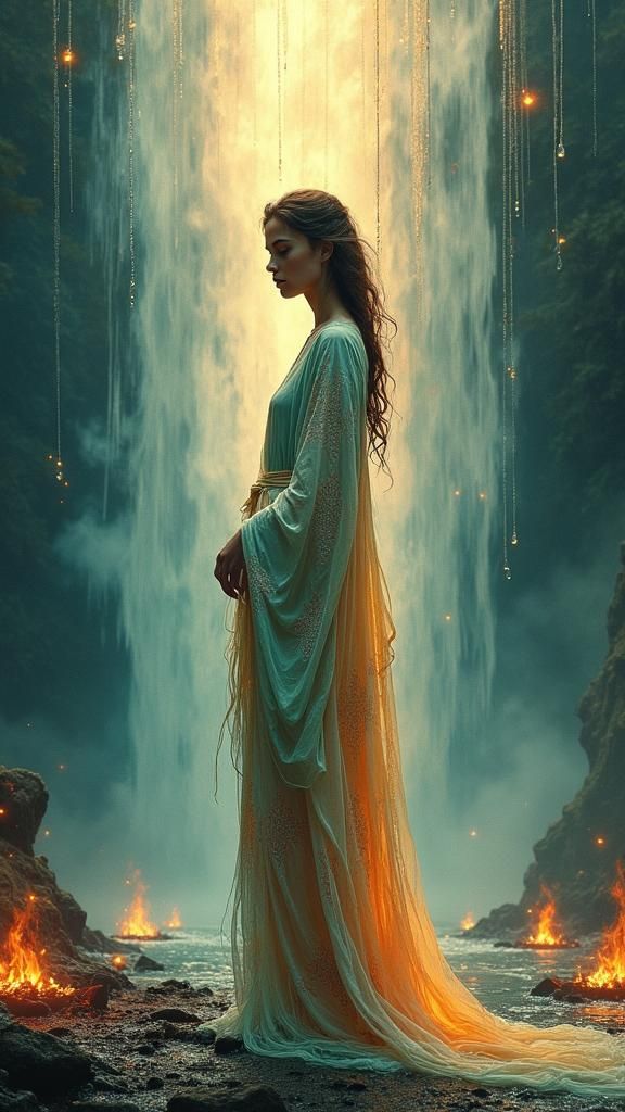 Ethereal Woman with Waterfall Aura and Bonfires