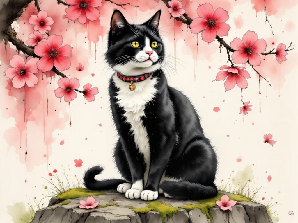 Roxie the Tuxedo Cat in Whimsical Watercolor Style