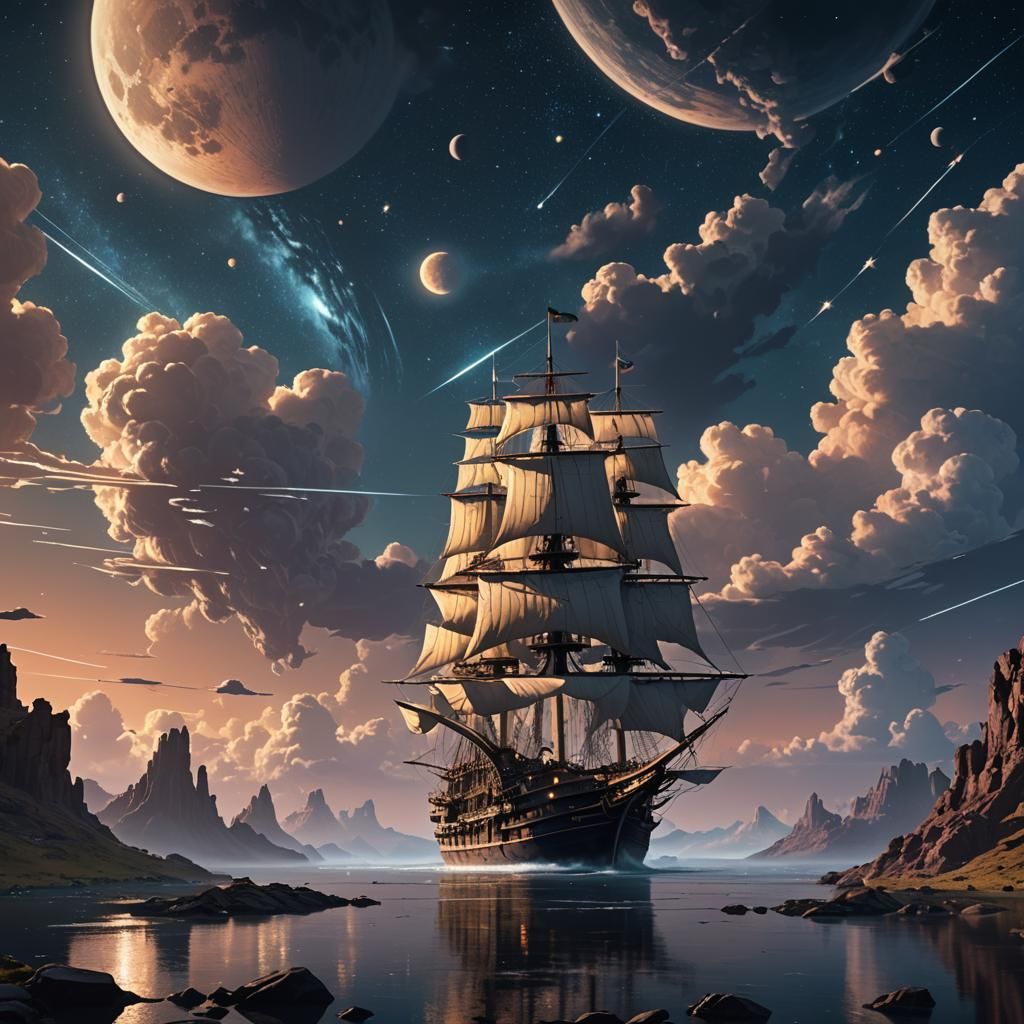 Starship Sails Through Starry Skies: Digital Matte Painting