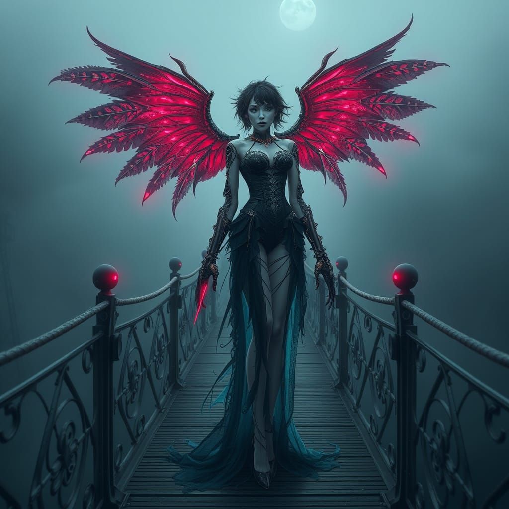 Cyborg Vampire Queen with Winged Goddess Emerges from Dark M...