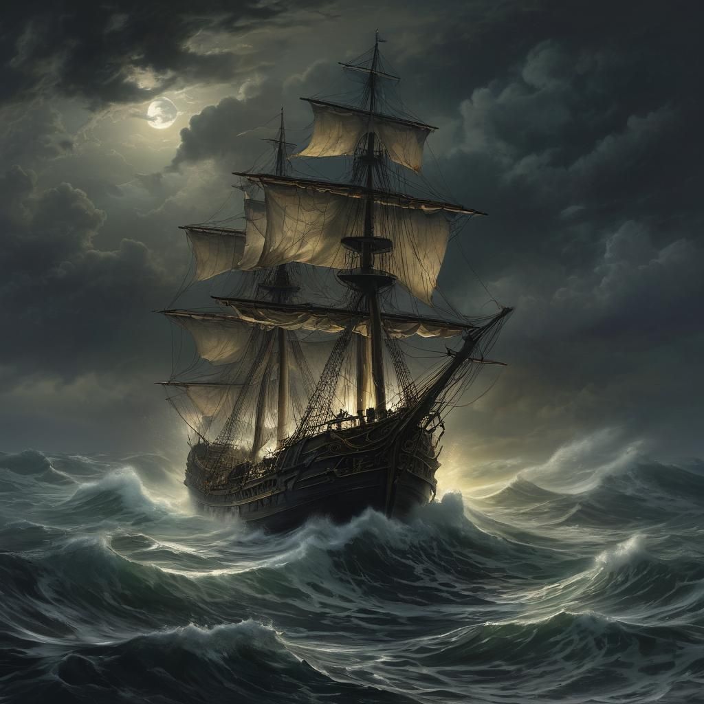 Ghost Ship Amidst Stormy Seas at Midnight