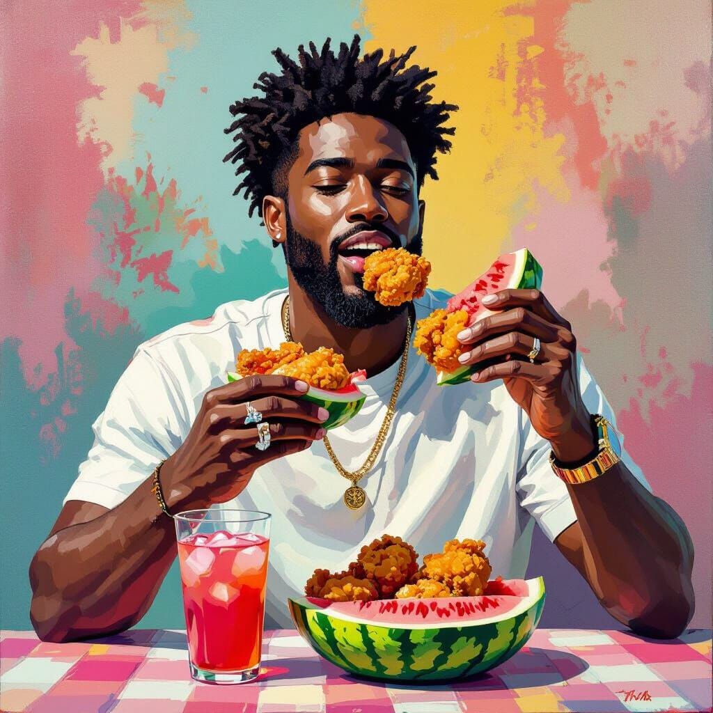 Stylized Portrait of Man Eating Watermelon