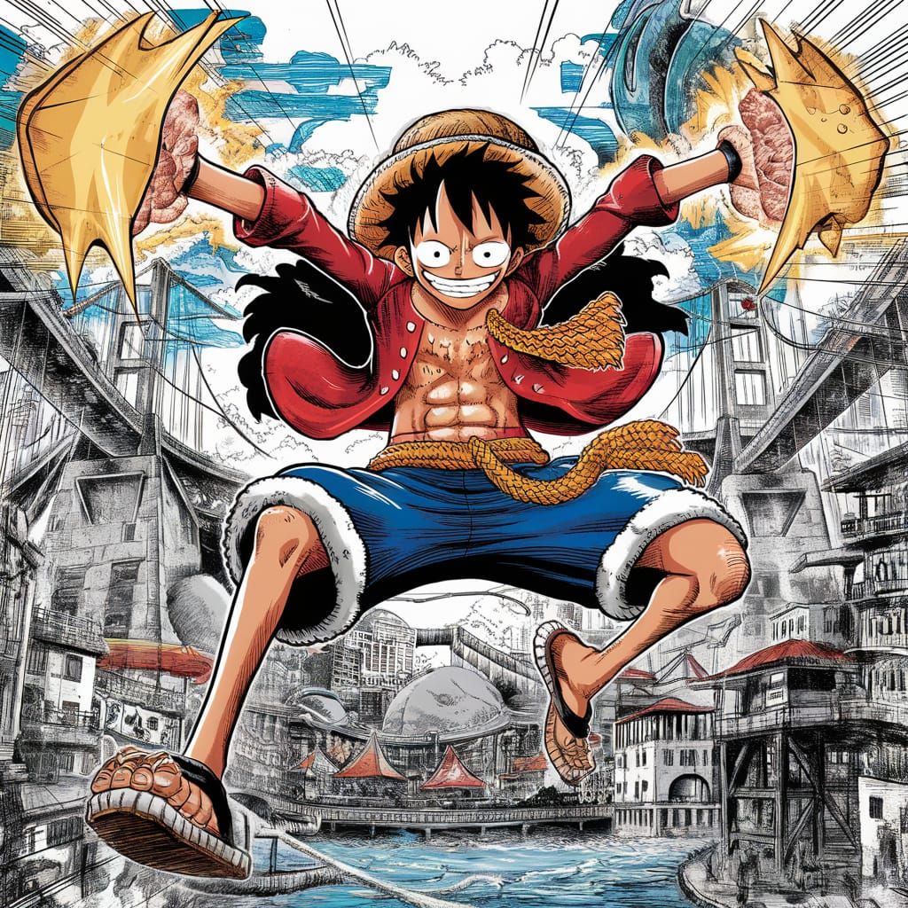 Luffy Kong Gun Manga Illustration in Water 7