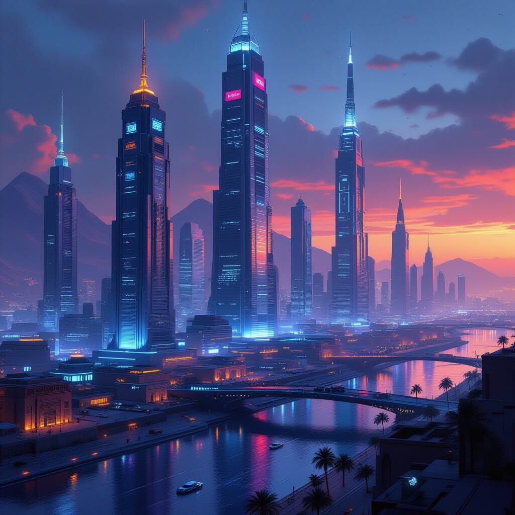 Futuristic Egyptian Cityscape in Cyberpunk Style