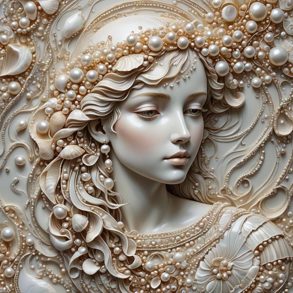 Shell and Pearl Girl Bas-Relief in Fractal Style
