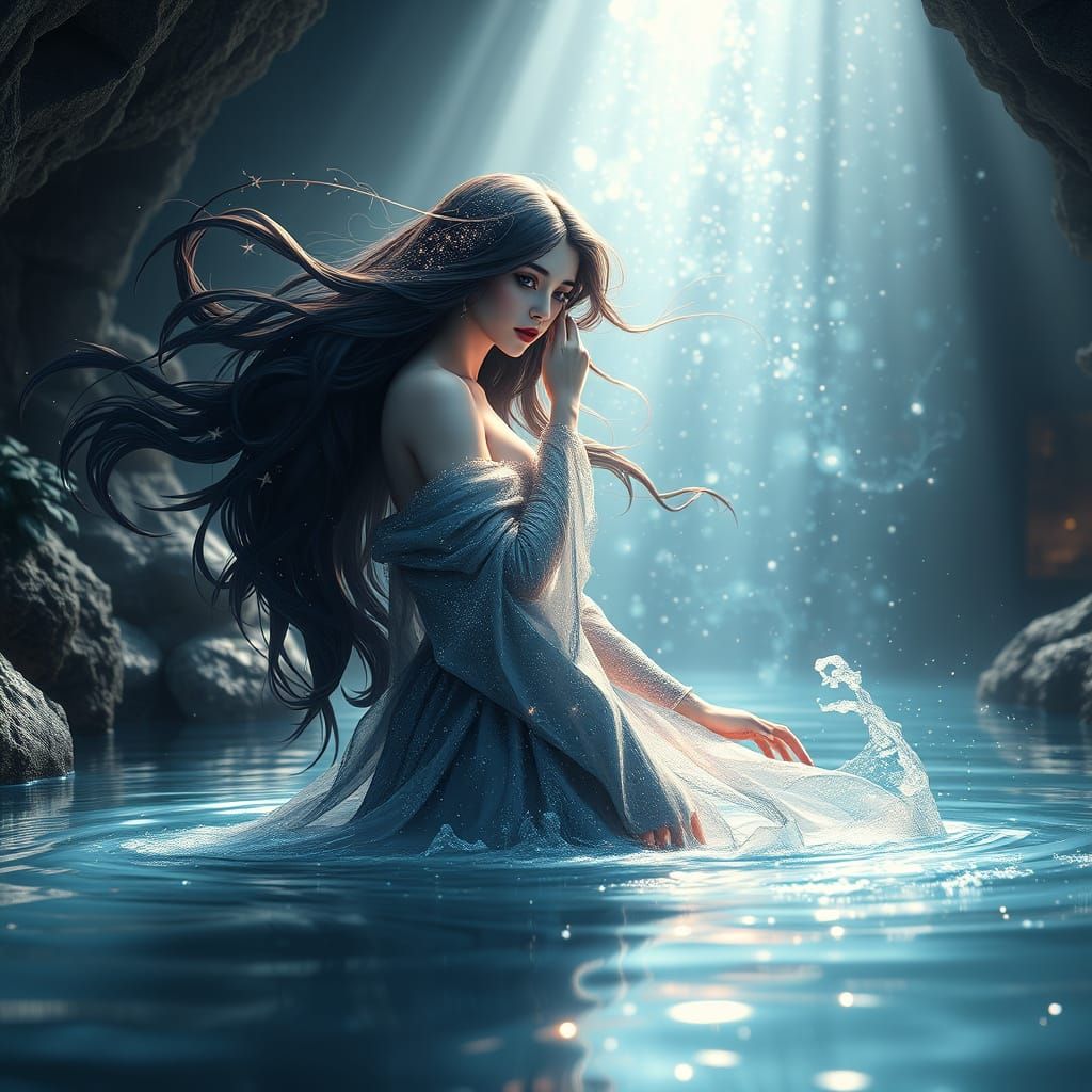Celestial Goddess Emerges from Shimmering Grotto in Dreamlik...