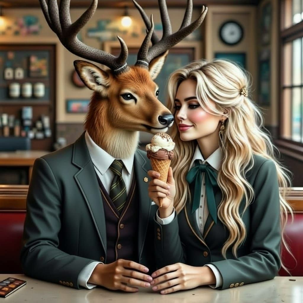 Steampunk Stag and Sweetheart Share Milkshake in Diner