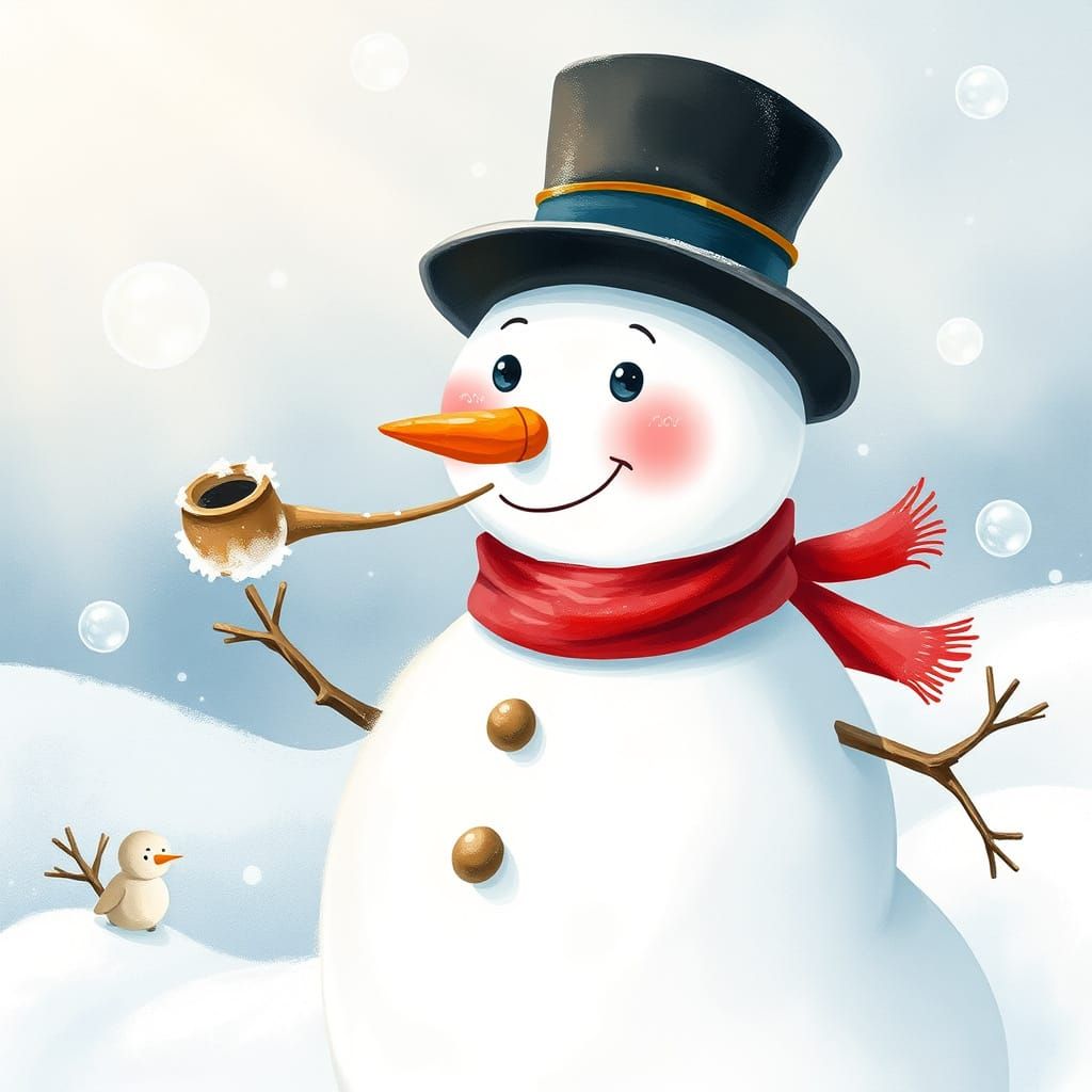 Surreal Snowman Blows Bubbles in Whimsical Winter Wonderland