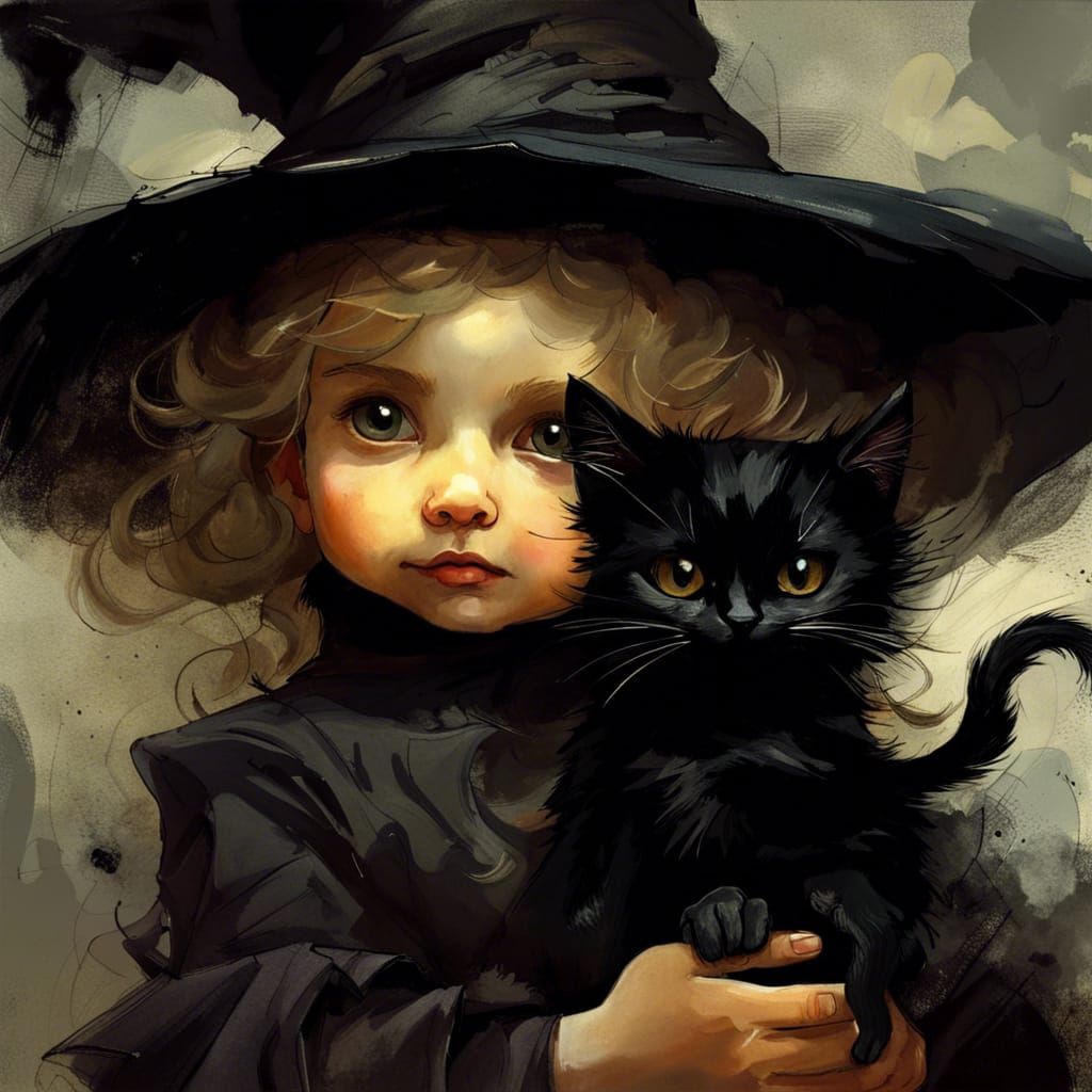 toddler witch holding a black cat!
