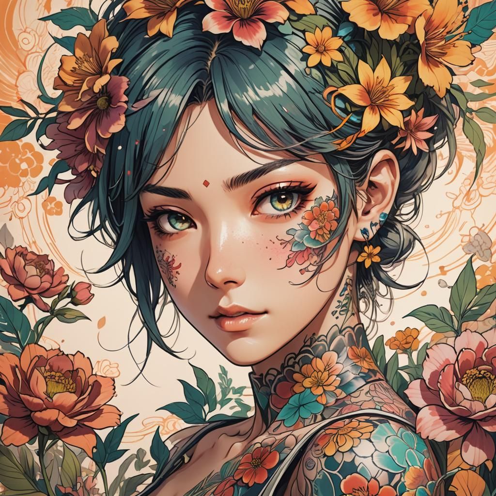 Anime Manga Woman with Floral Tattoos