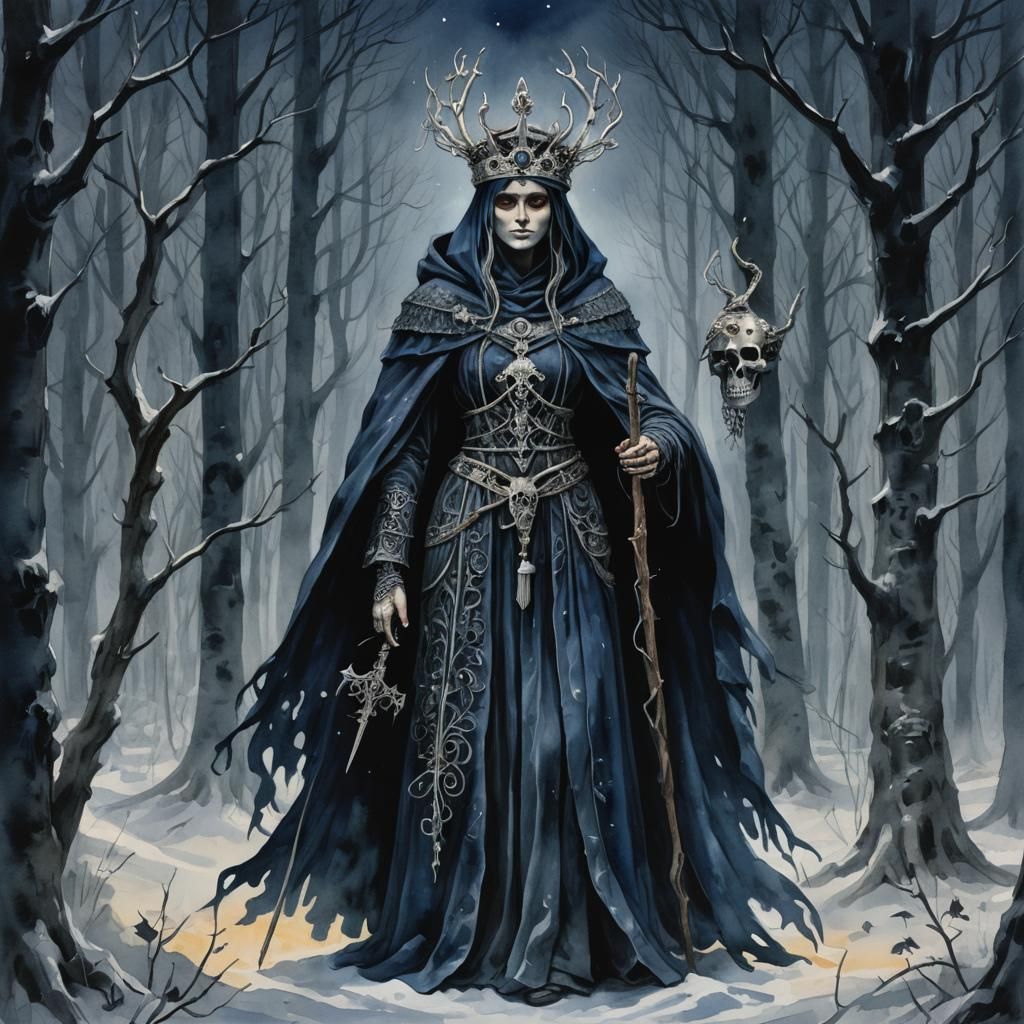 Slavic Goddess Mara in Winter Forest, Watercolor Art