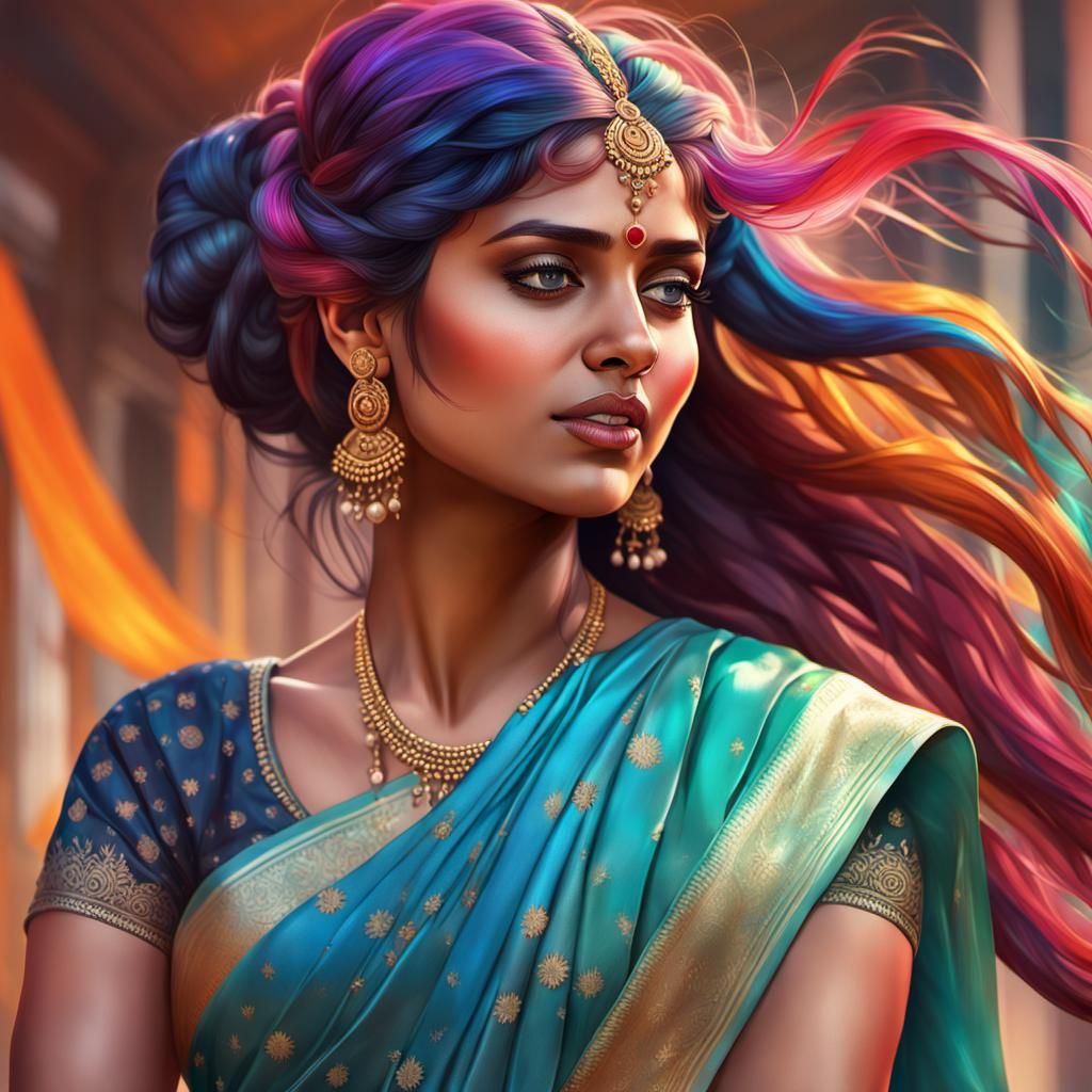 Indian Woman in Satin Saree, Hyperdetailed Portrait