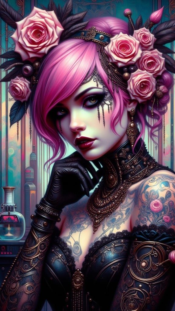 Cyberpunk Woman with Pink Hair and Tattoos in Lab