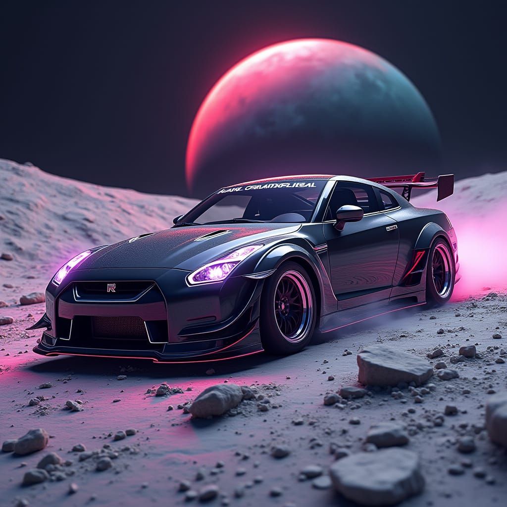 Nissan GT-R Drifting on the Moon in Sci-Fi Style