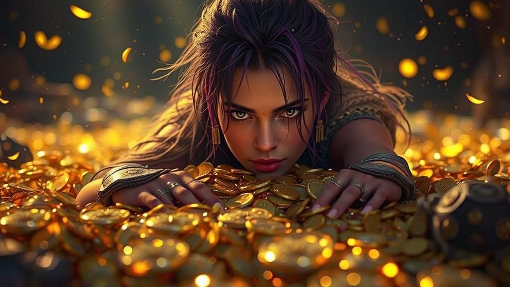 Barbarian Woman and Gold Coins in Dark Fantasy Art
